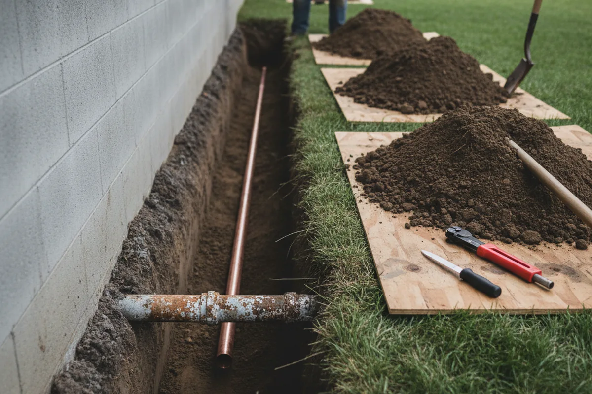 Excavated water line trench during Sewer Line Repair in Raywick